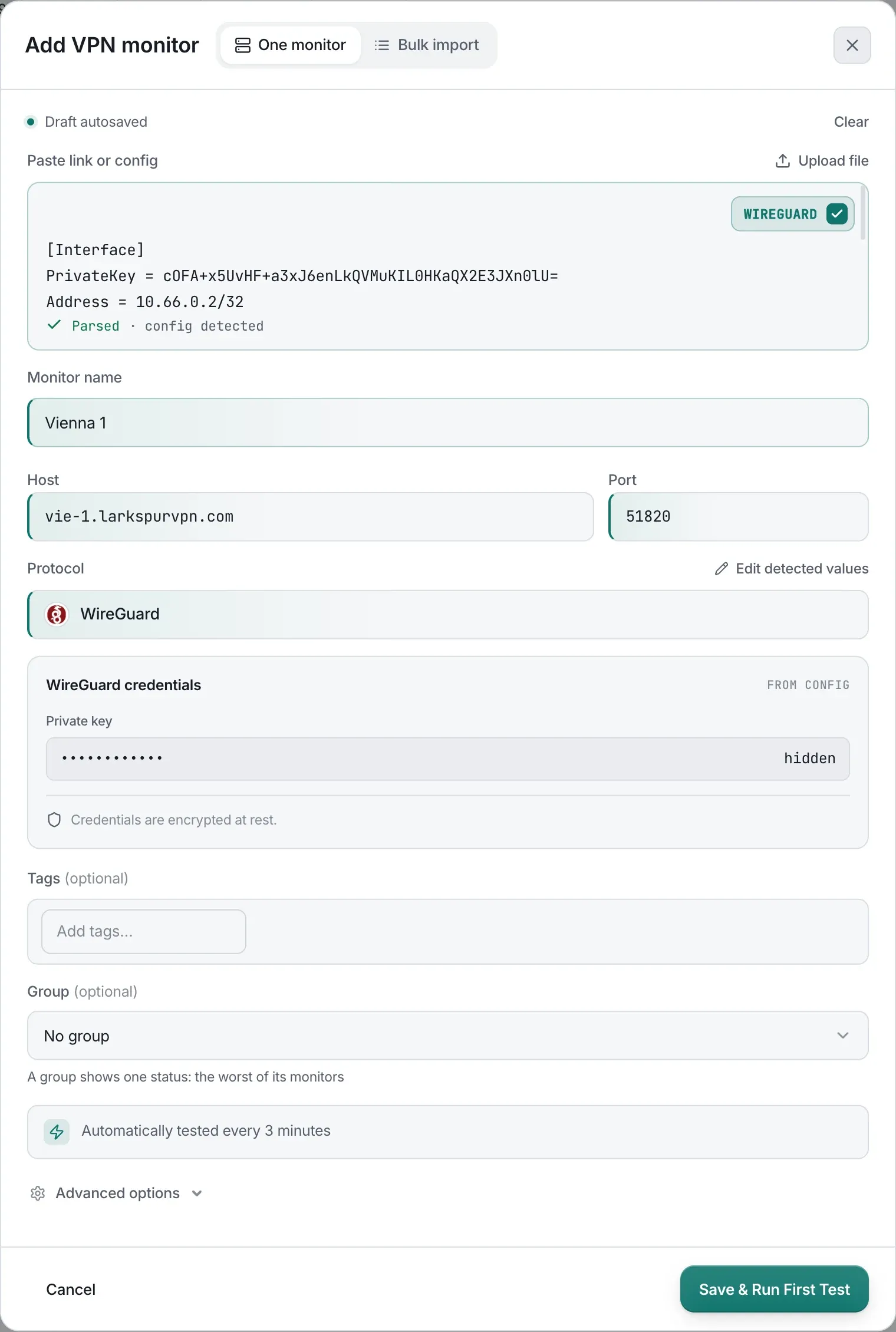 The Add VPN monitor dialog after pasting a WireGuard config: TunnelHQ detected the protocol and filled in the name, host, port and a hidden private key, above the optional Tags and Group fields.