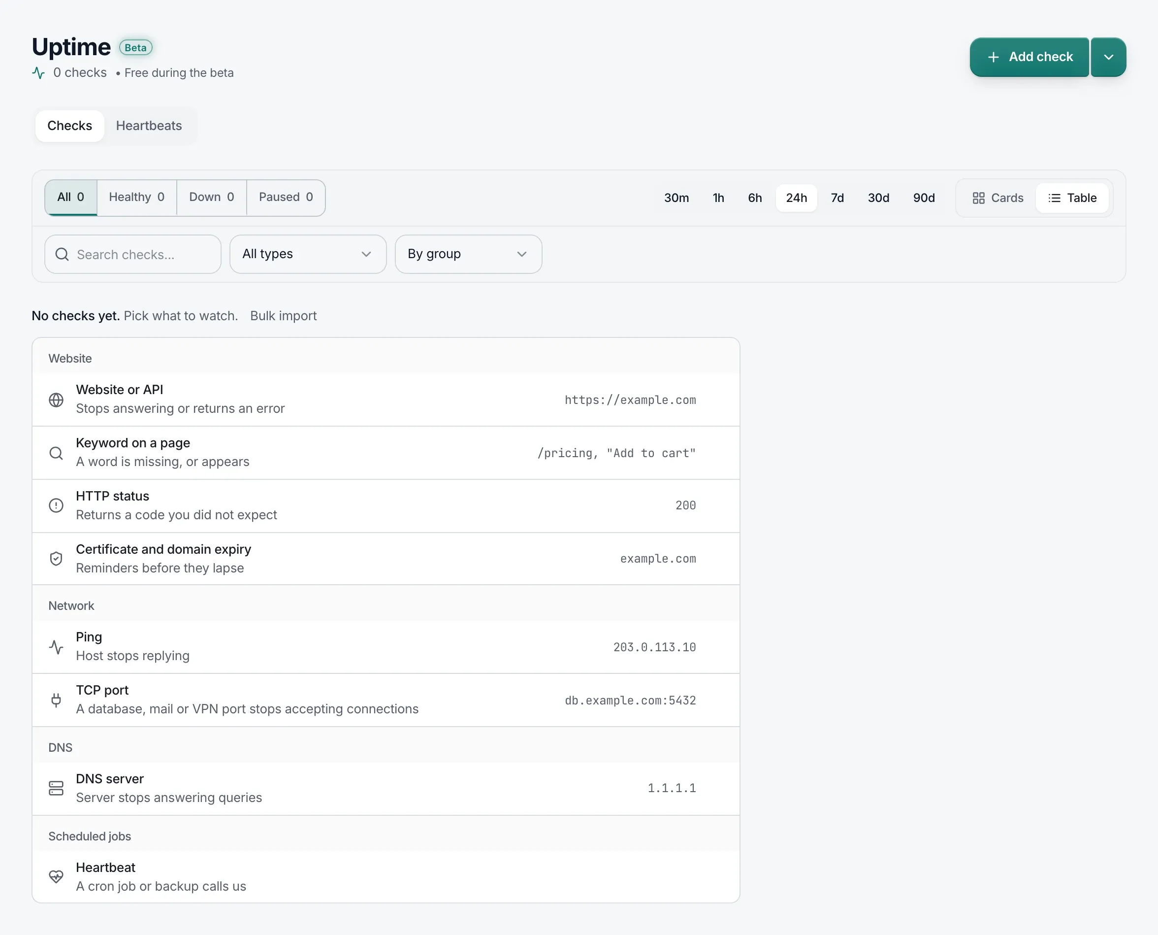 The empty Uptime page reading “No checks yet. Pick what to watch.”, with a Bulk import link and the list under Website, Network, DNS and Scheduled jobs, each row with an example such as https://example.com.